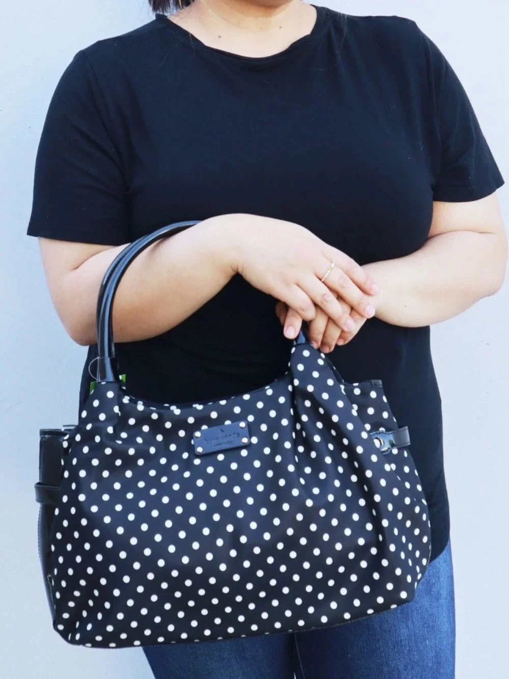 Kate Spade Stevie polka dot nylon Purse bag black patent leather handles